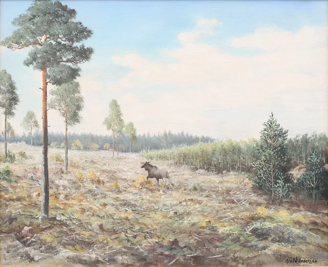 ARVID ANDERSSON (1934 - 2001). Älg i skogslandskap, olja på duk, signerad.