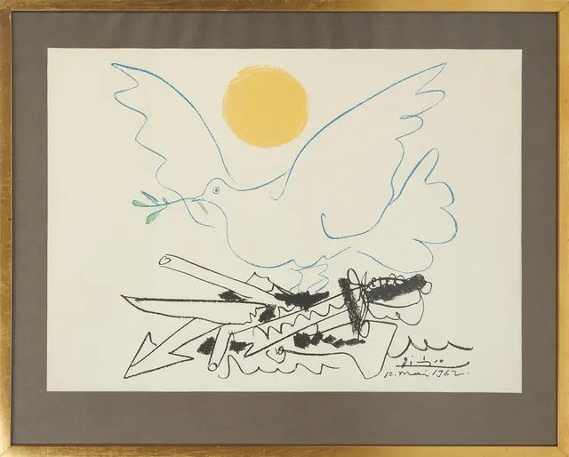 PABLO PICASSO. EFTER. "Colombe au soleil jaune", färglitografi ur "Fredsmappen", signerad samt daterad i trycket.
