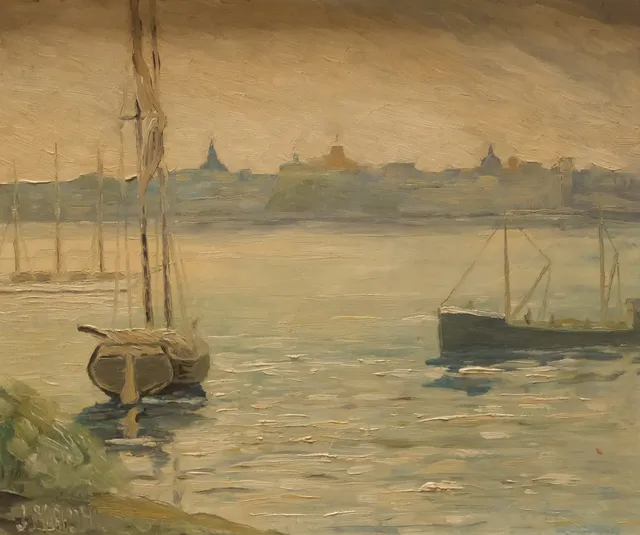 JOHN MALM. HAMNMOTIV, OLJA PÅ PANNÅ.