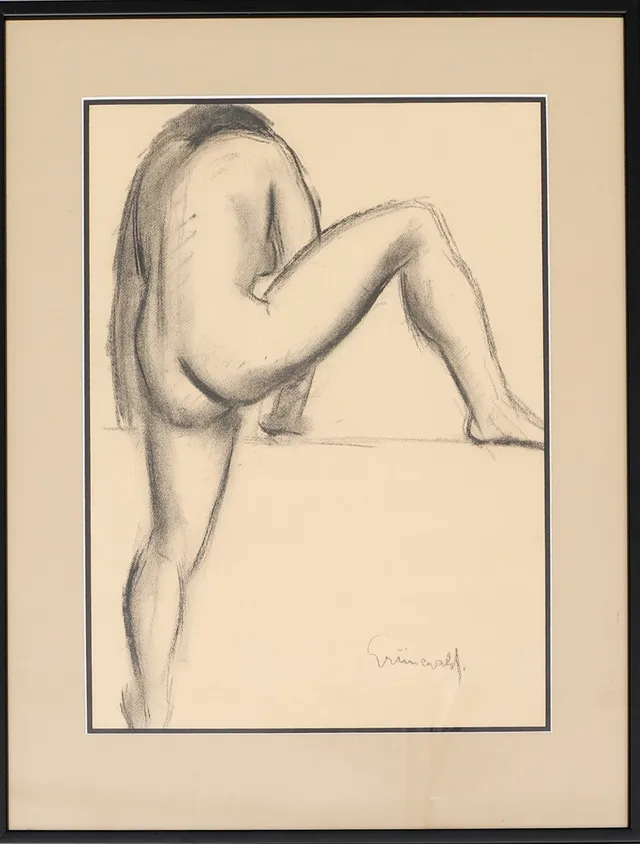ISAAC GRÜNEWALD. Kolteckning, signerad, "Kvinnostudie".