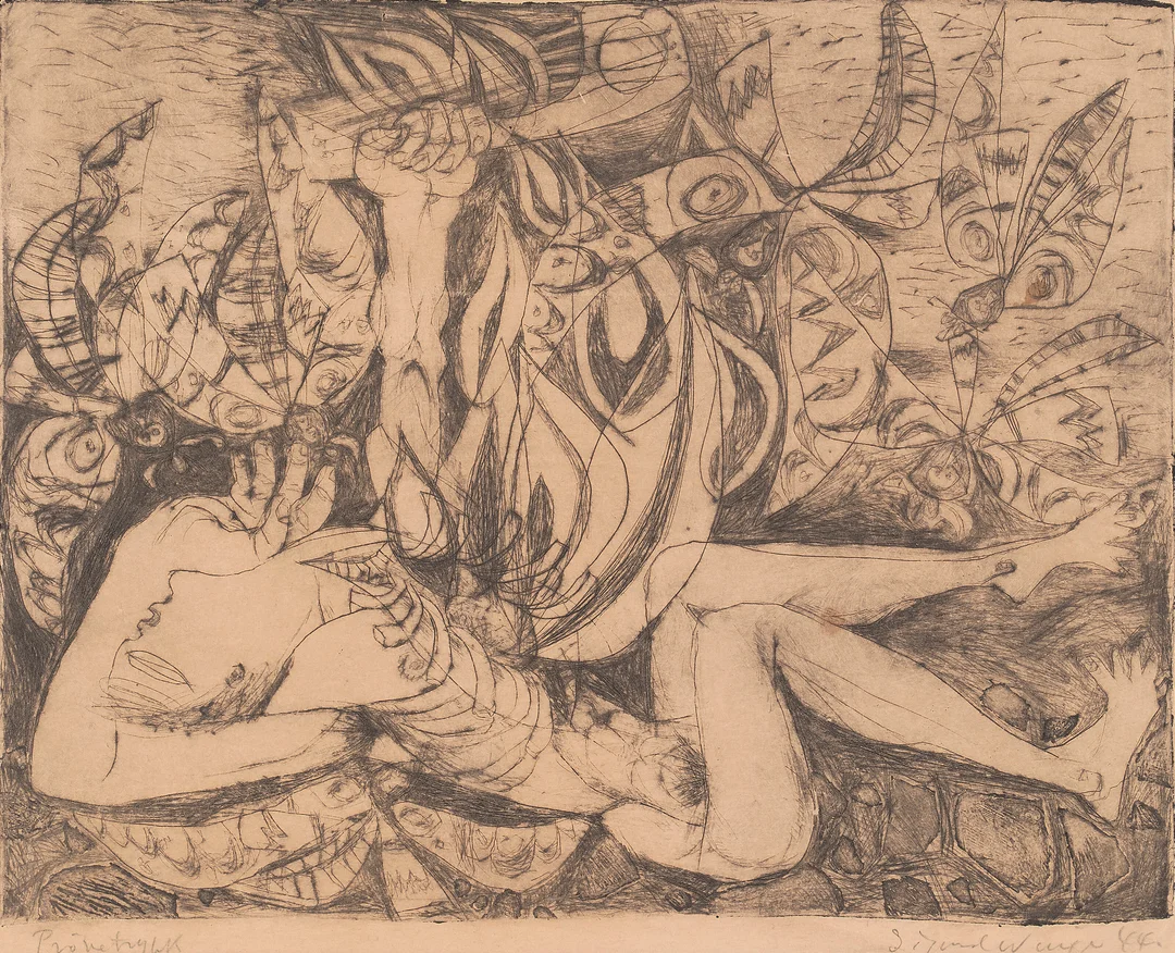 Winge, Sigurd — "Kvinne og innsekter" 1944 — Kunst/Grafikk — Blomqvist