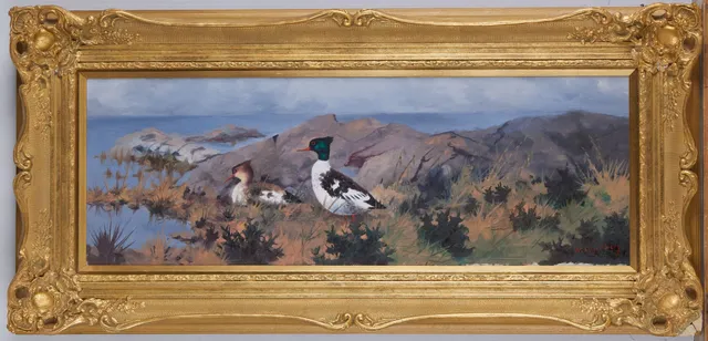 WALTER LILJENBERG. Kustbild med sjöfåglar, olja på duk, signerad W Liljenberg.