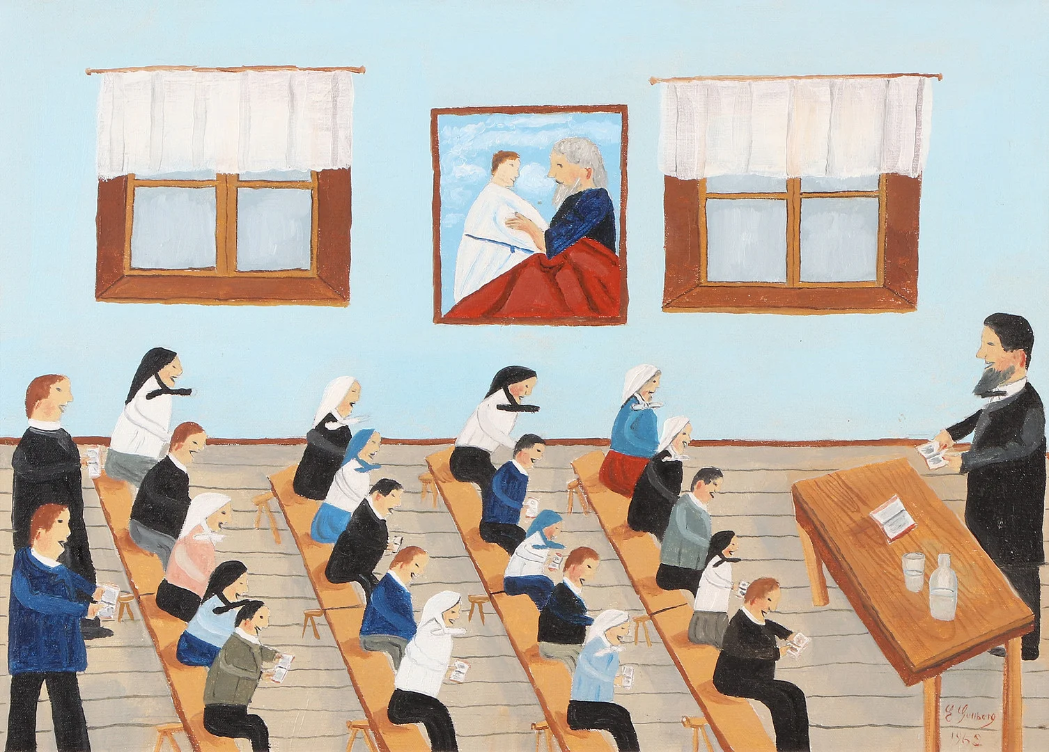 ERNST GULLBERG. Oljemålning på duk. Skolundervisning. Signerad och daterad 1962. — Paintings — Skånes Auktionsverk