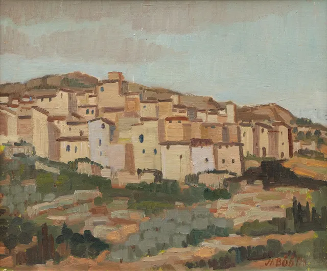 MAJA BÅÅTH (1883-1984). Sydländsk stadsvy, olja på pannå, signerad.