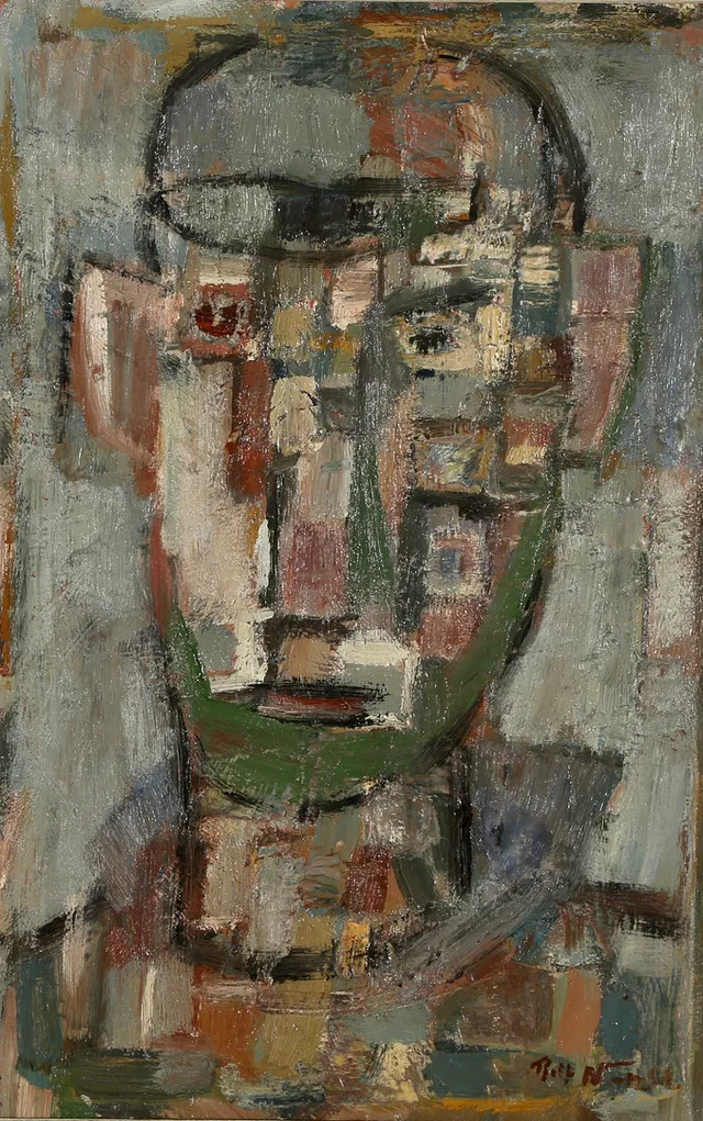 ROLF NORRMAN (1921-1964). "Smörjpojke", kubistisk portræt, olie på malerpap, 1950'erne.