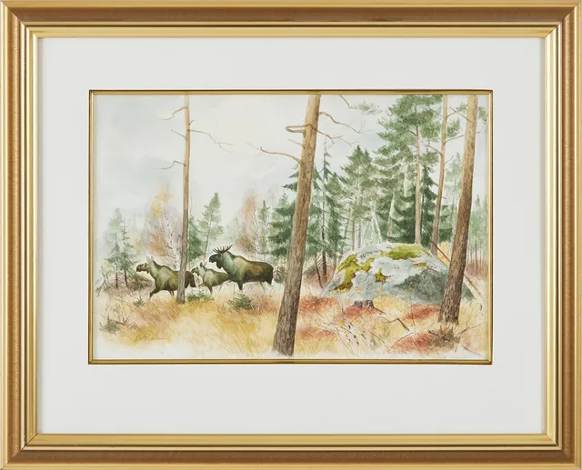 ROLF SVENSSON (F. 1946). Älgfamilj, akvarell, signerad.