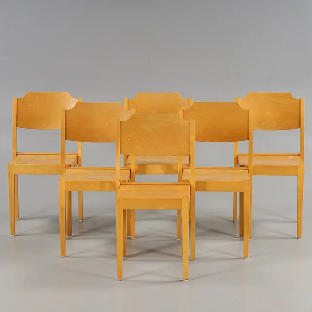 STOLAR 6 stycken, Orkestermodell, björk, 1900-talets andra hälft.
