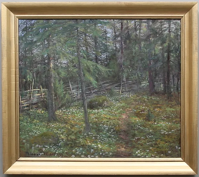 BIRGER HJELM. Olja på pannå, "sippor i skogen" signerad och daterad a tergo 1965.