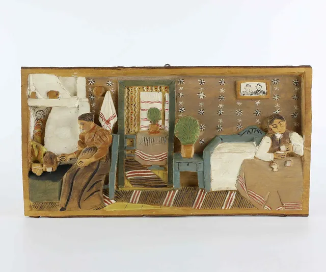 IDA MALM. trärelief, kaffestund, Bergsjö, Signerad.
