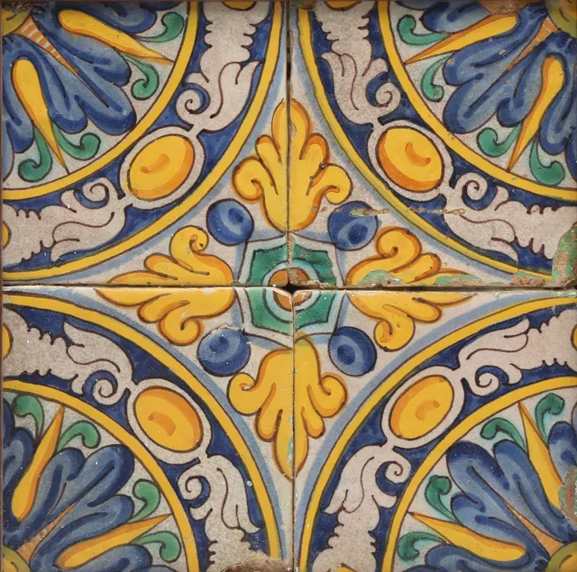Panel with four Catalan tiles, 17th Century.