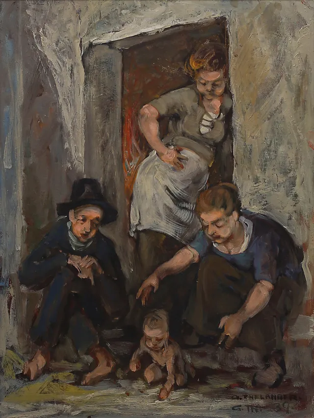 GUNNAR THELANDER. Familj vid dörr, olja på pannå, signerad G Thelander och daterad -3.