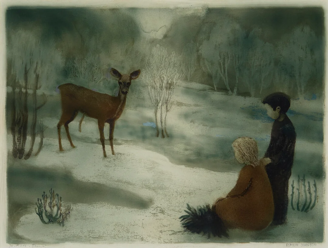 Johnson, Kaare Espolin — "Møte i skogen" — Kunst/Grafikk — Blomqvist