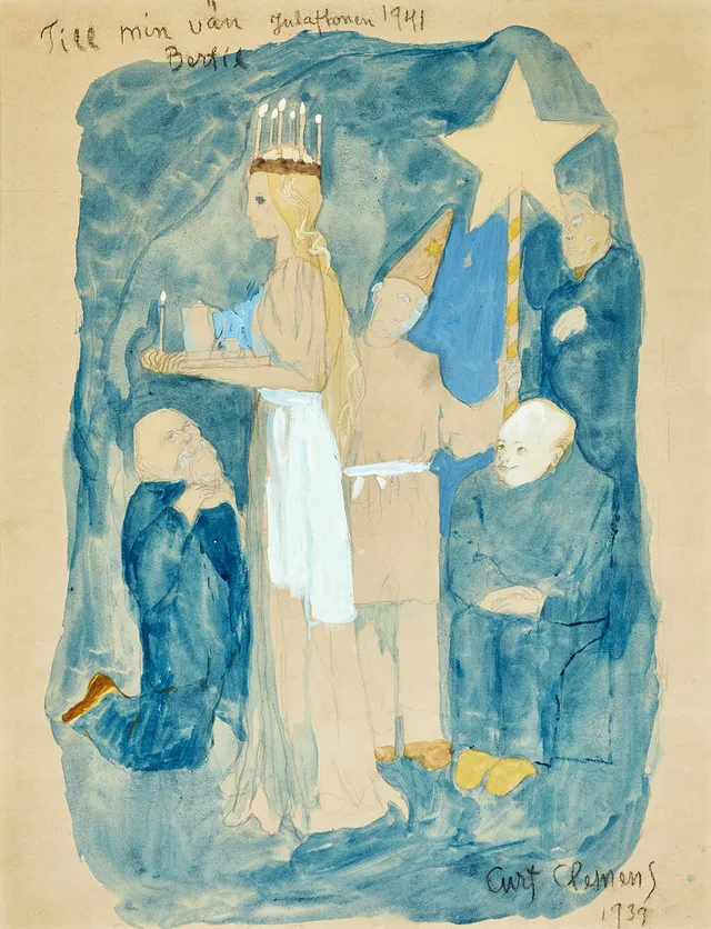 CURT CLEMENS (1911-1947). Luciatåg, signerad och daterad 1939, blandteknik på papper, med dedikation.