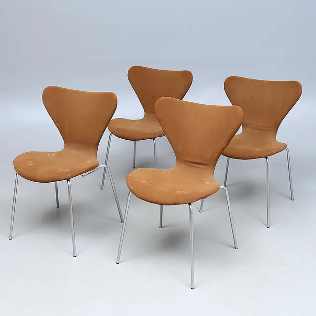 ARNE JACOBSEN. Stolar, 4 st, "Sjuan", Fritz Hansen, Danmark, 1960-1970-tal.