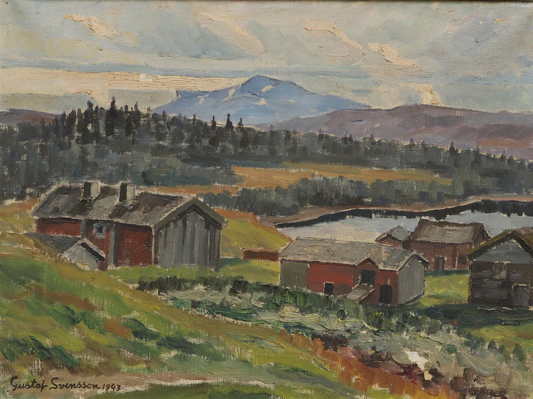 GUSTAF SVENSSON. Olja på duk, "Fjällgård, Gråsjön", signerad och daterad 1943. — Paintings — Ekenbergs Auktioner