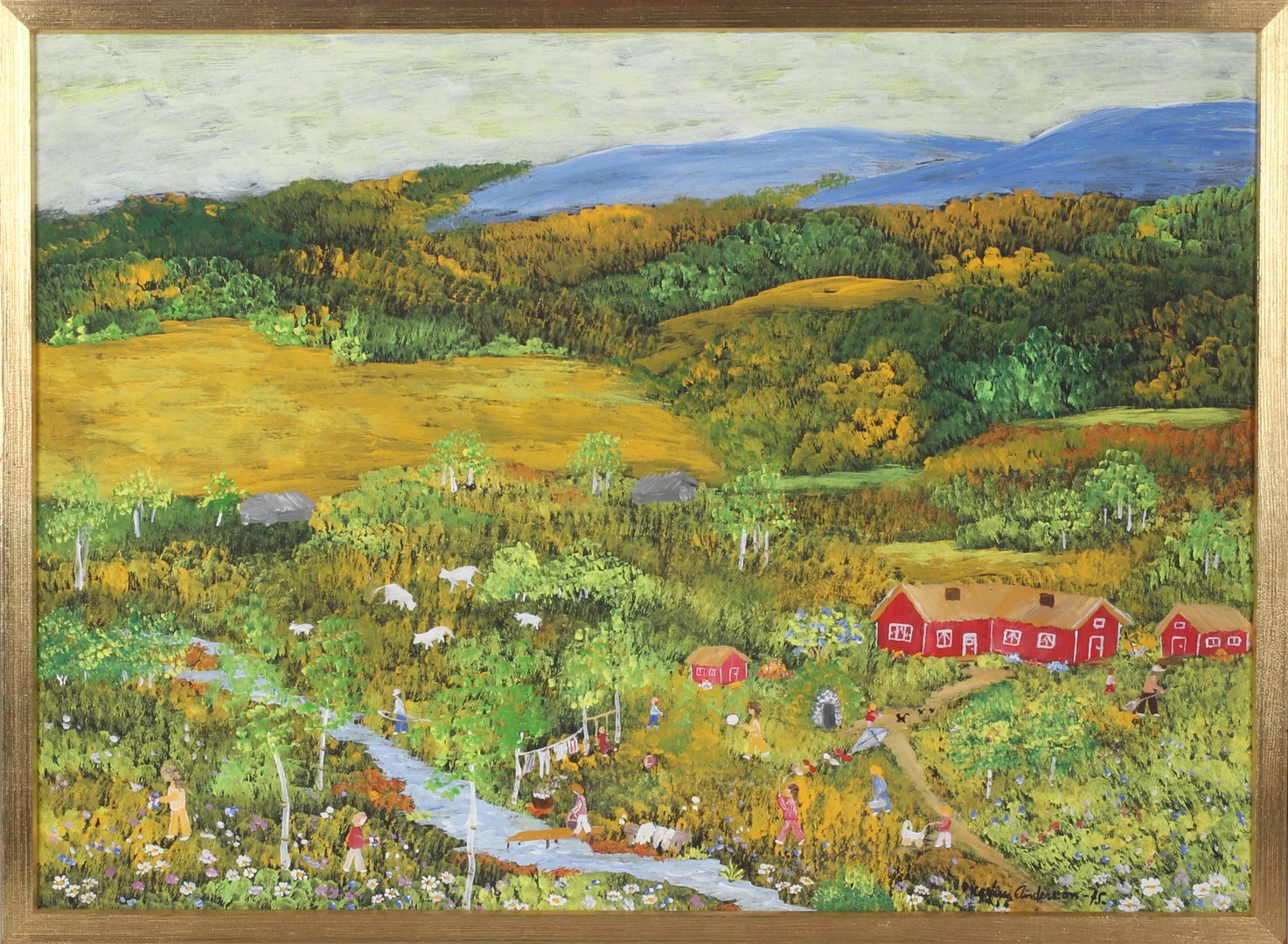 KARIN ANDERSSON. "Livet på landet", gouache på papp, signerad och daterad 75. — Paintings — Stadsauktion Sundsvall