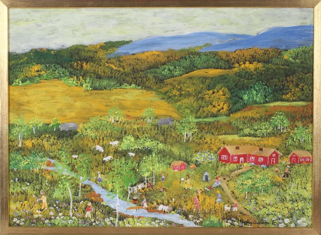 KARIN ANDERSSON. "Livet på landet", gouache på papp, signerad och daterad 75.