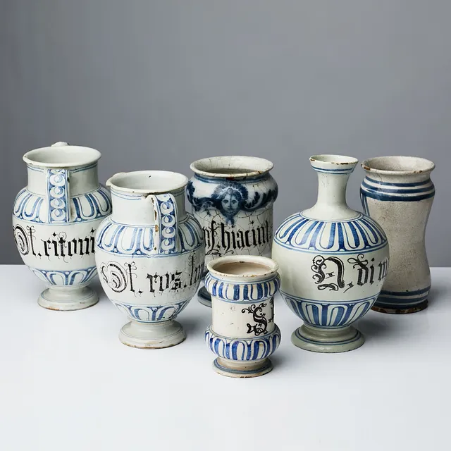 APOTEKSKÄRL, 6 st, 1700-1900-tal, fajans.