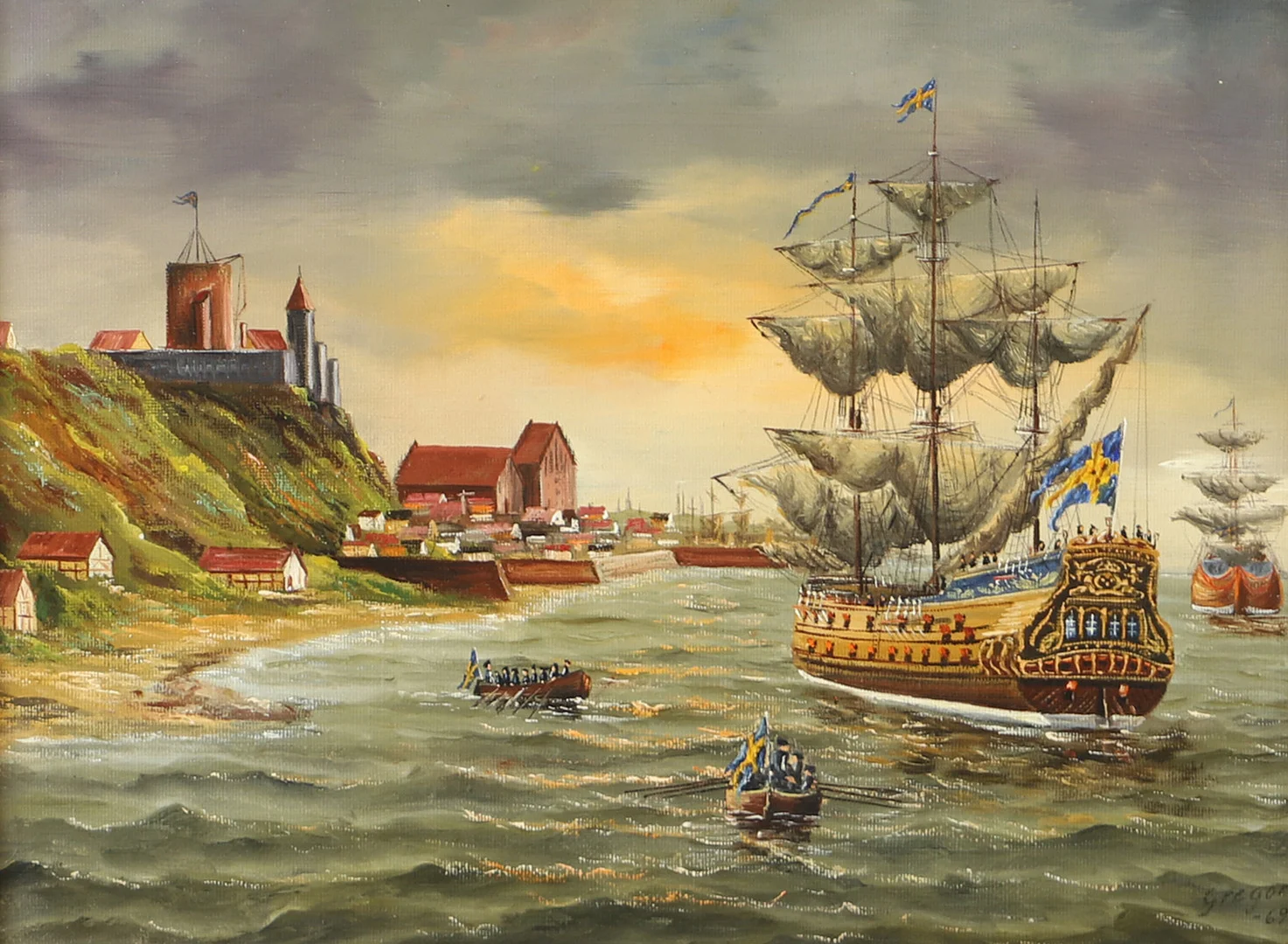 GREGOR HELLBERG. "Örlogsfartyget Amarant", olja på duk. — Paintings — Helsingborgs Auktionskammare