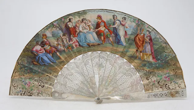 Louis Philippe fan with painted leaves and carved mother-of-pearl sticks.