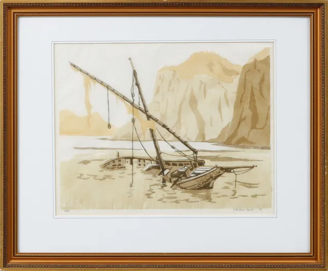 ERIK OLSSON SANDA. "Sjunken seglare, Capri", träsnitt, signerad och numrerad 28/65.