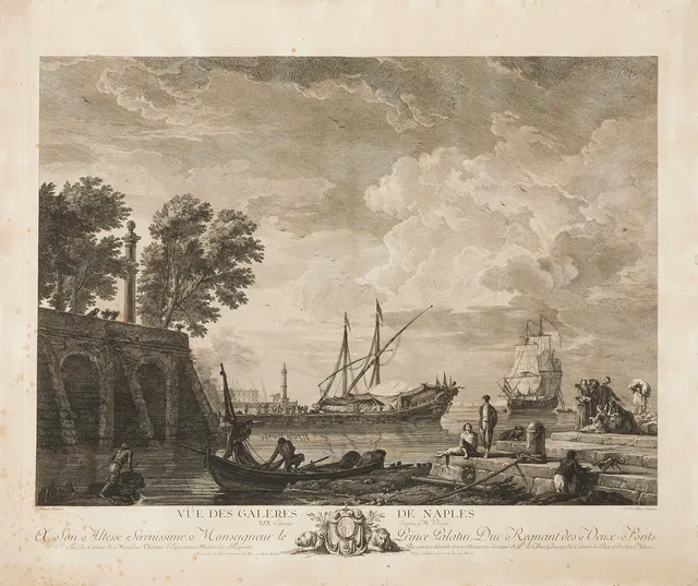 CLAUDE-JOSEPH VERNET. Efter, "Vue des galeres de Naples" kopparstick av Pierre-Jacques Duret, 1700-talets slut.
