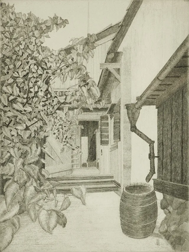 GUSTAF ISANDER (1863-1929). "Gårdsinteriör, Stigbergsgatan 5", Södermalm, Stockholm, signerad och daterad i blyerts 1920, torrnålsgravyr.