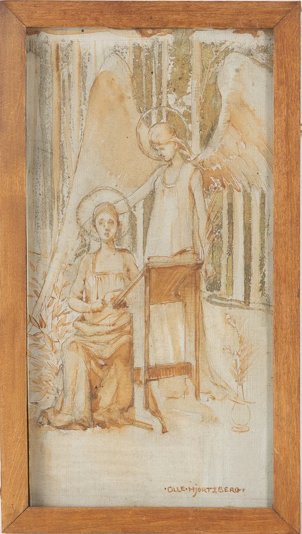 OLLE HJORTZBERG. "Maria Bebådelse", blandteknik på papper, 1894. — Paintings — Stockholms Auktionsverk Helsingborg