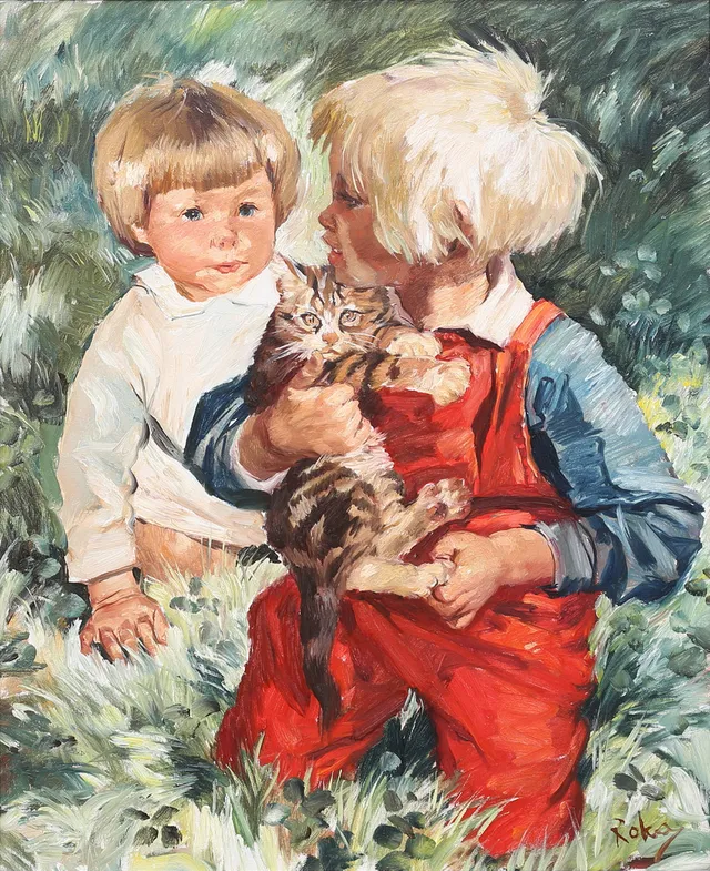 CHARLES ROKA. Barn med katt, olja på duk, signerad.