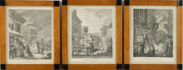 WILLIAM HOGARTH. EFTER. Gravyrer, 3 st, "Morning", "Evening" och "Night", ur sviten "Four times of the day", graverade av Ernst Ludwig Riepenhausen.