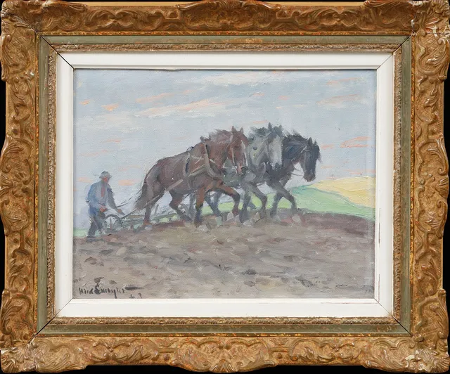ALEXANDER LANGLET. Hästar och bonde, olja på duk, signerad.