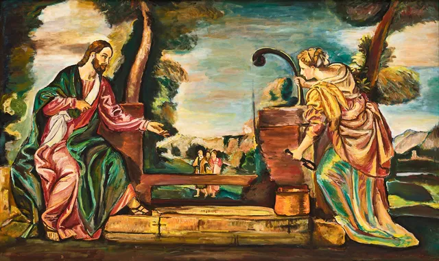 KJELL HELMERSSON (1935-2025). Kopia efter "Christ and the Woman of Samaria" av Paolo Veronese c. 1565, olja på duk.