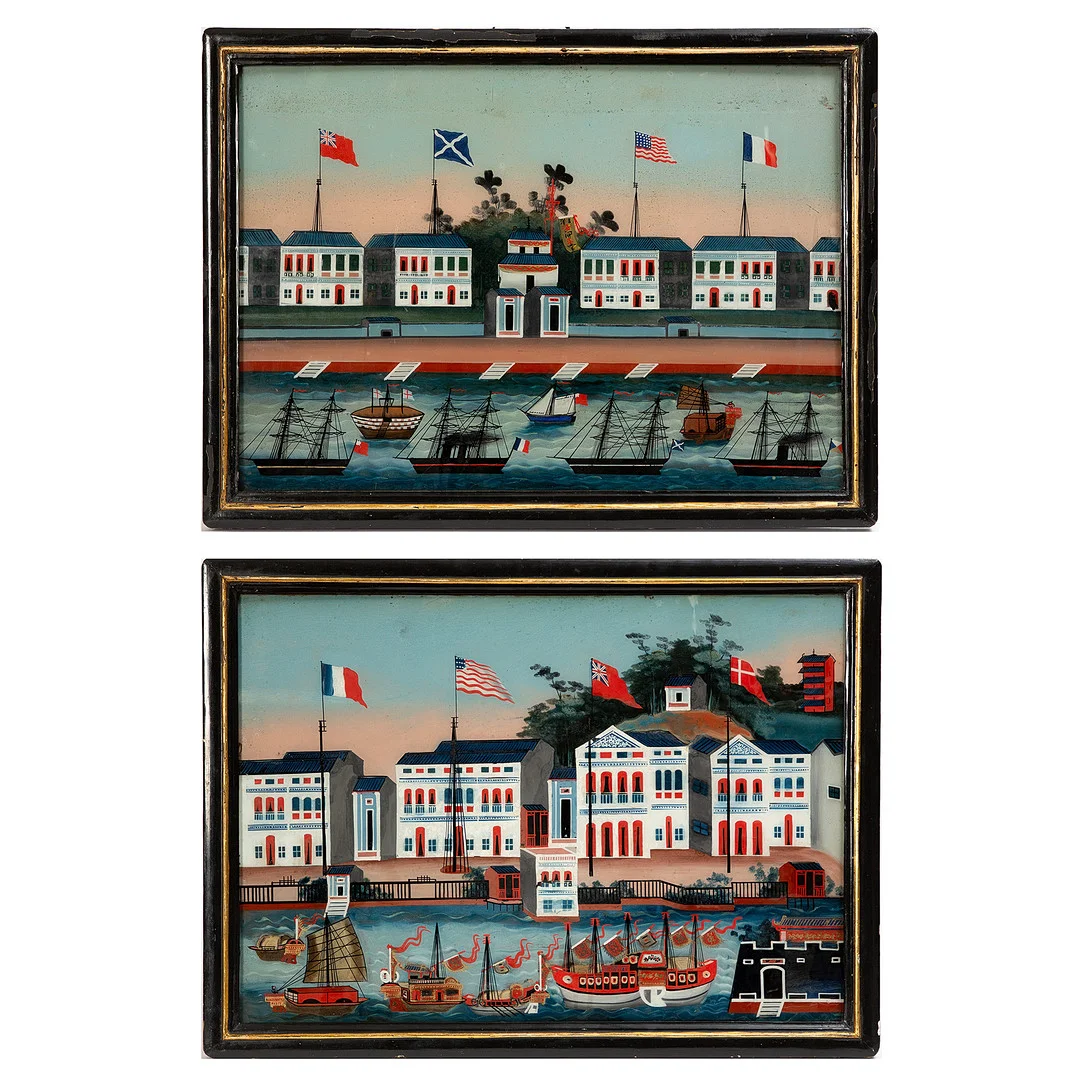OKÄND KONSTNÄR. Glasmålningar, 2 st, Kina, 1800-talets första hälft. — Paintings — Stockholms Auktionsverk Göteborg