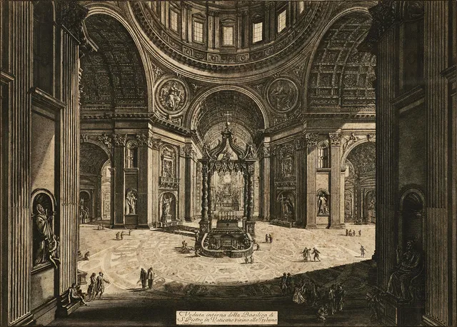 GIOVANNI BATTISTA PIRANESI (1720-1778), "Veduta interna della Basilica di S. Pietro in Vaticano vicino alla Tribuna", etsning (I état av III), 1773.