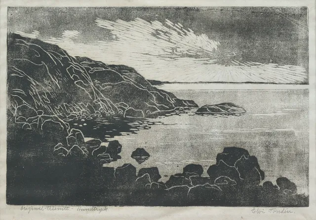 ELVI TONDÉN (1886-1971). Klipplandskap, träsnitt, handtryck, signerad.