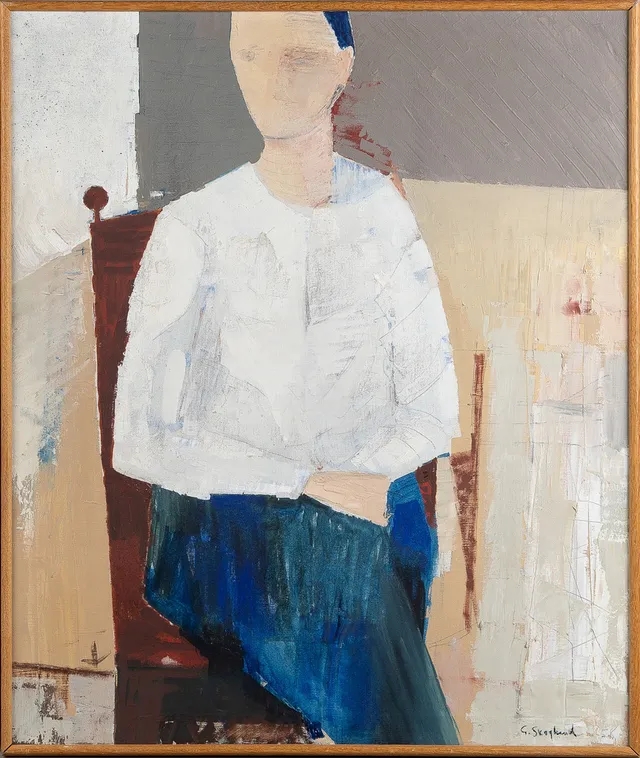 GUSTAF SKOGLUND (1923-2003). "Figur i röd stol", blandteknik på duk, signerad och daterad 1958.