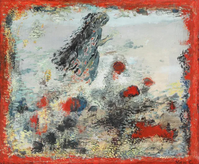 Kay Christensen: “Stranden og Den Søgende”, 1946. Signed Kay C with title and date on the reverse. Oil on canvas. 54×65 cm.