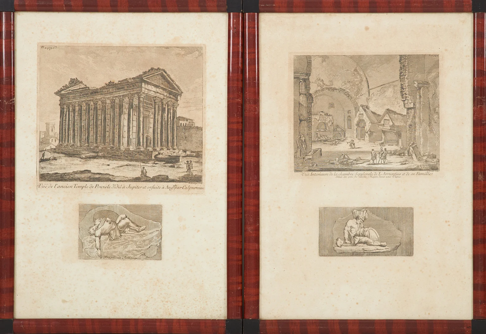 KOPPARSTICK, 2 st, (4 blad) 1700-tal, bl a Domenico Montagu och Jean Barbault, kopparstick, Jupitertemplet på Kapitolium. — Engravings & Prints — Stockholms Auktionsverk Sickla