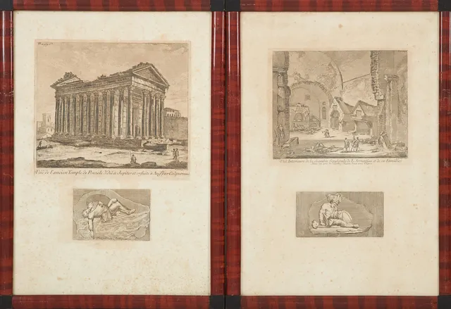 KOPPARSTICK, 2 st, (4 blad) 1700-tal, bl a Domenico Montagu och Jean Barbault, kopparstick, Jupitertemplet på Kapitolium.
