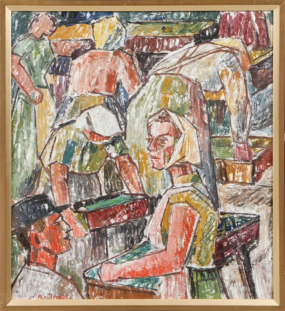 ARVID NILSSON. Komposition med figurer, olja på duk, signerad. — Engravings & Prints — Göteborgs Auktionsverk