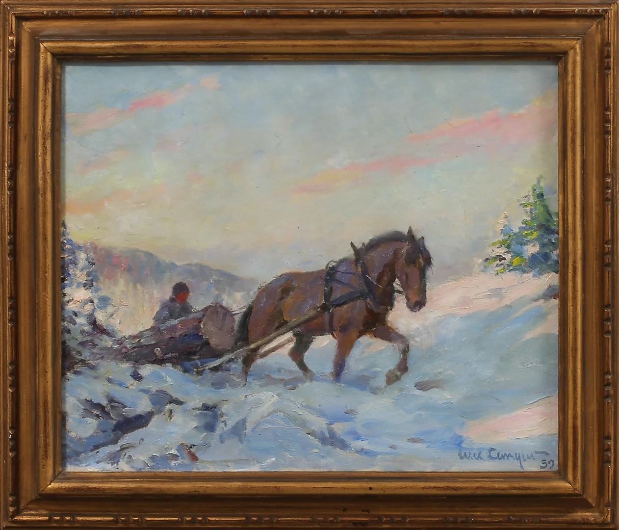 ALEXANDER LANGLET. Hästekipage i vinterlandskap, olja på duk, signerad och daterad 39. — Paintings — Göteborgs Auktionsverk