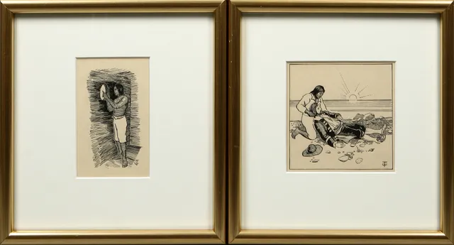 GERDA TIRÉN. 2 st, illustrationer till Robinson Kruse, tusch, monogramsignerade, för Barnbiblioteket Saga, 1899.