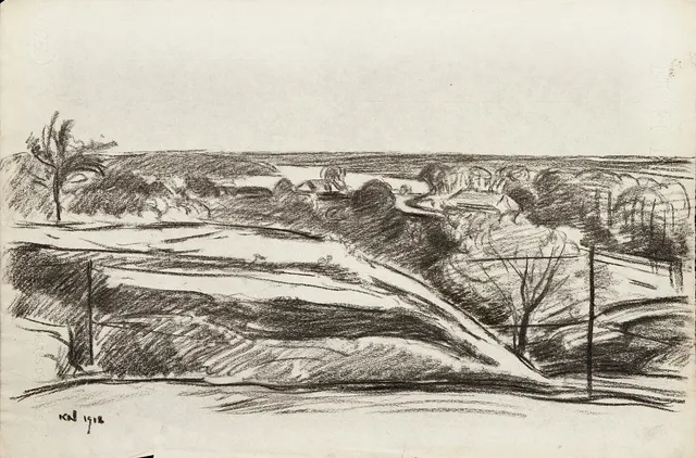 KARL NORDSTRÖM (Tjörn 1855-1923 Drottningholm). Vidsträckt landskap, signerad, daterad 1918, kol på papper.