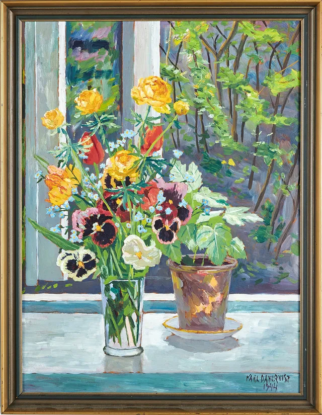 KARL DAHLQVIST. Blomsterstilleben, olja på pannå, signerad och daterad 1944.