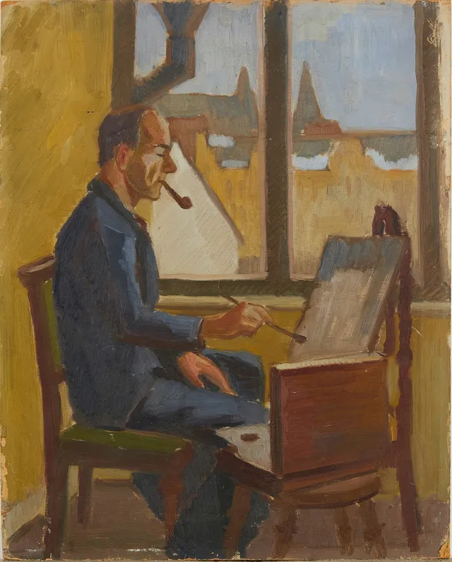 BENGT EKLUND (GÄVLE, 1916-1989). självporträtt i ateljé, olja på pannå, 48x39 cm.