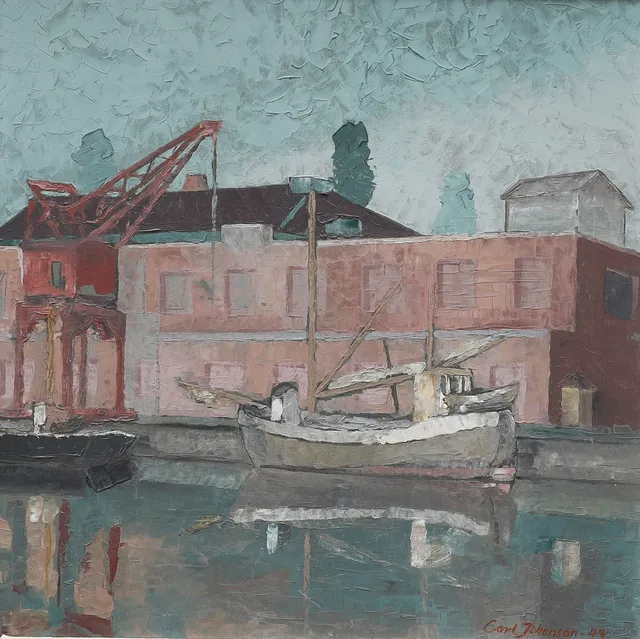 CARL JOHANSSON (1906-1993). olja på pannå, Hamnmotiv Halmstad, signerad, daterad 1947.