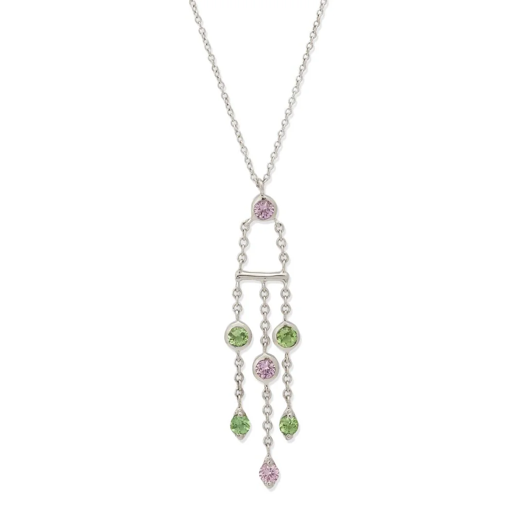 A “Fringe” necklace with a sapphire and garnet pendant set with three circular-cut pink sapphires and four circular-cut green garnets, mounted in 18k white gold. Weight app. 3.4 g. Pendant L. 4.5 cm. L. 40.5 cm. — Jewellery/Necklaces & pendants — Bruun Rasmussen