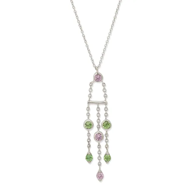 A “Fringe” necklace with a sapphire and garnet pendant set with three circular-cut pink sapphires and four circular-cut green garnets, mounted in 18k white gold. Weight app. 3.4 g. Pendant L. 4.5 cm. L. 40.5 cm.