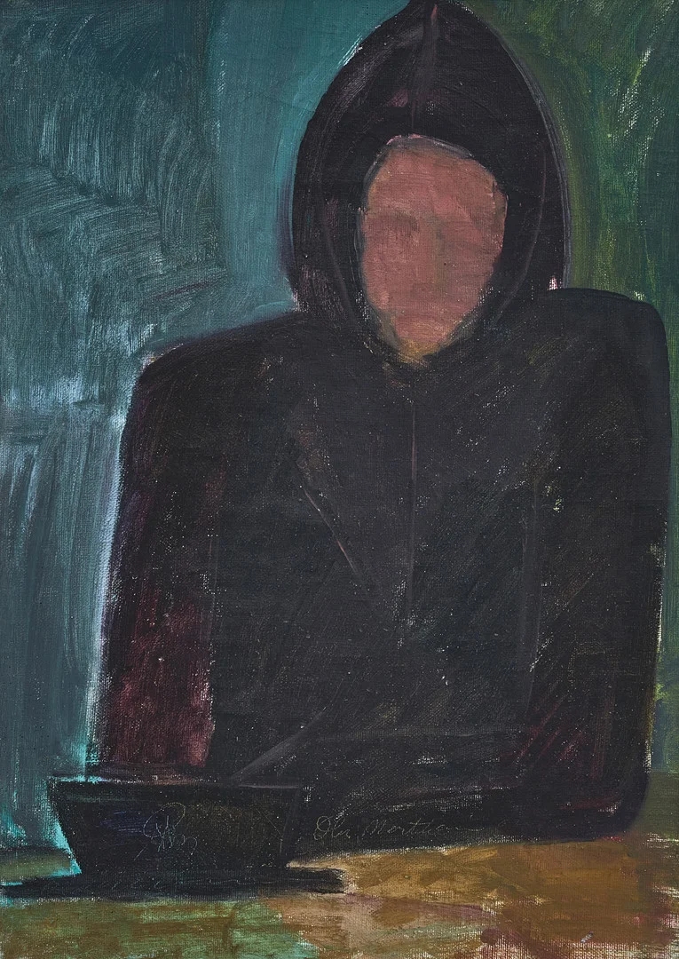 OLAVI MARTIKAINEN (Finland, 1920-1979). Figur i svart huva, ristad signatur, olja på duk. — Paintings — Crafoord Auktioner Stockholm