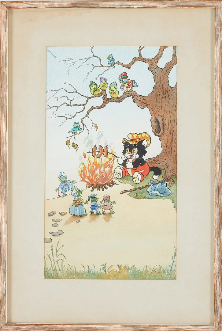 RUNE ANDRÉASSON. Illustration av katt till Bamse, akvarell, monogramsignerad. — Paintings — Stockholms Auktionsverk Sickla